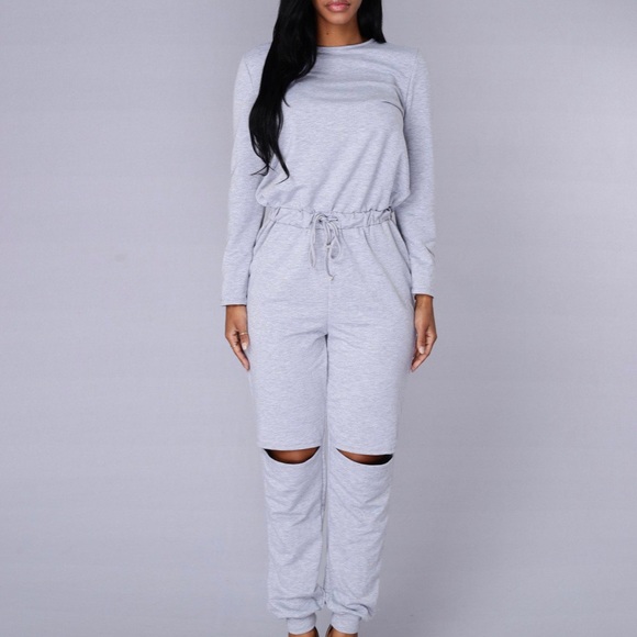 NWOT Fashion Nova Grey Sweats Jumpsuit w/ Slits - Picture 3 of 8